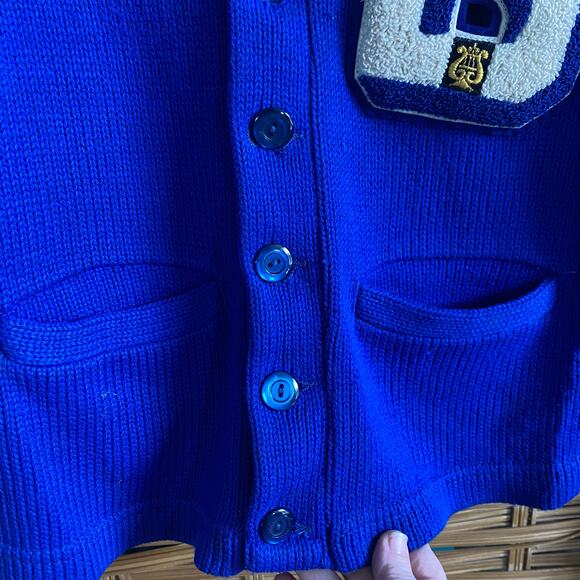 Vintage 60s 70s Varsity Letterman Cardigan Sweater Blue Wool B Patch Band Jacket - Picture 4 of 6